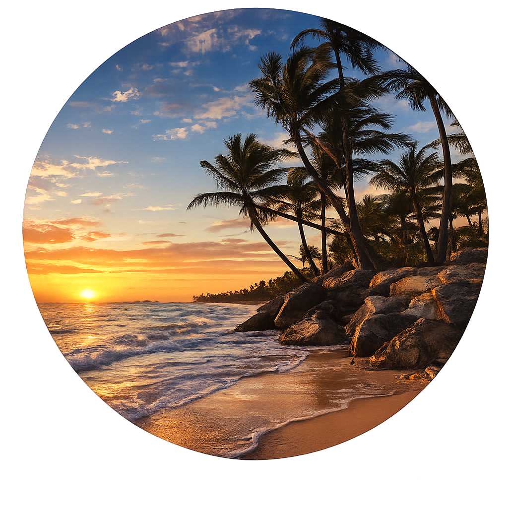 Golden beach sunset with palm trees